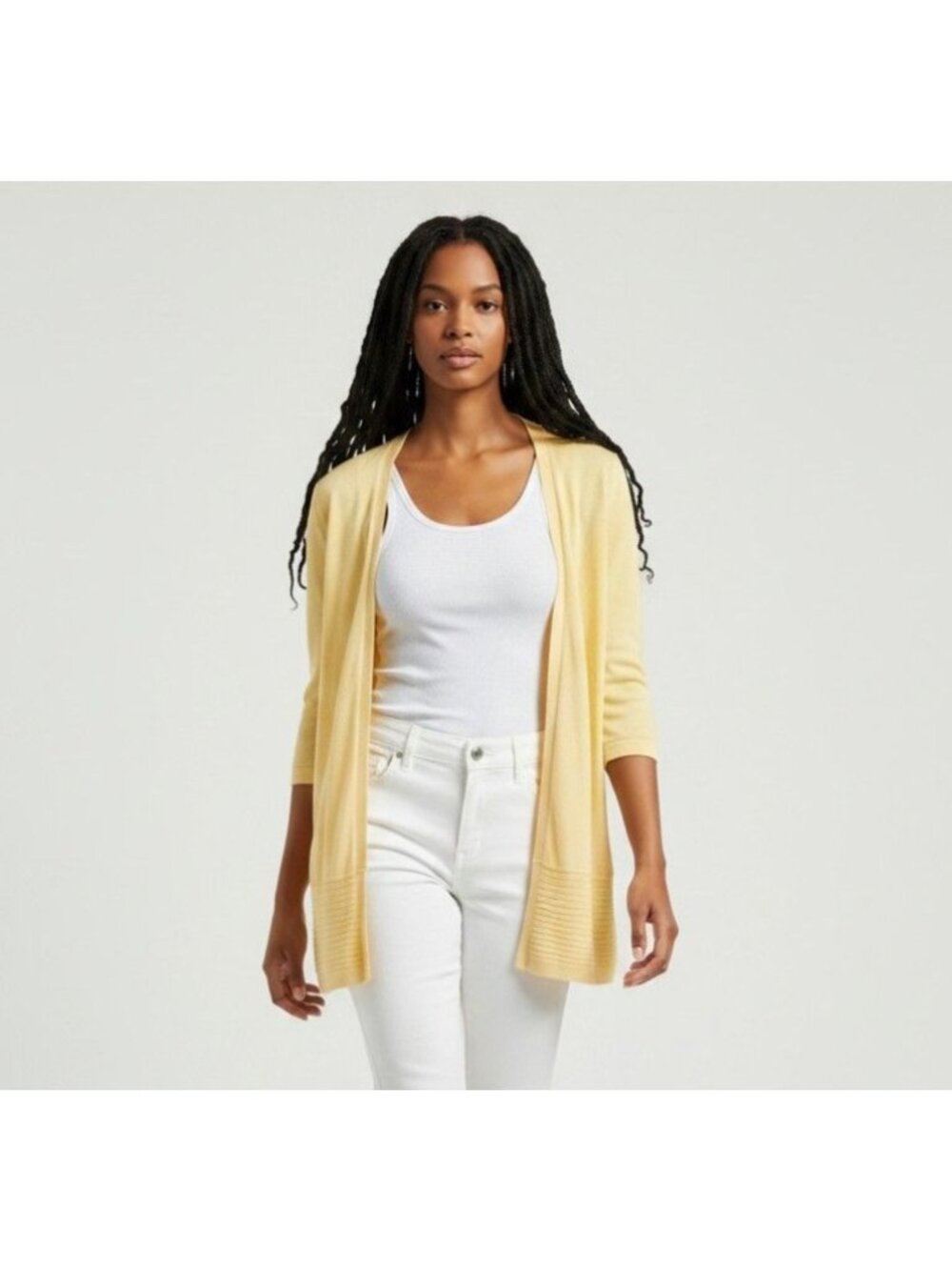 Chico's Sunny Yellow Open-Front Cotton Blend Long line Cardigan 3/4 Sleeves Ribb